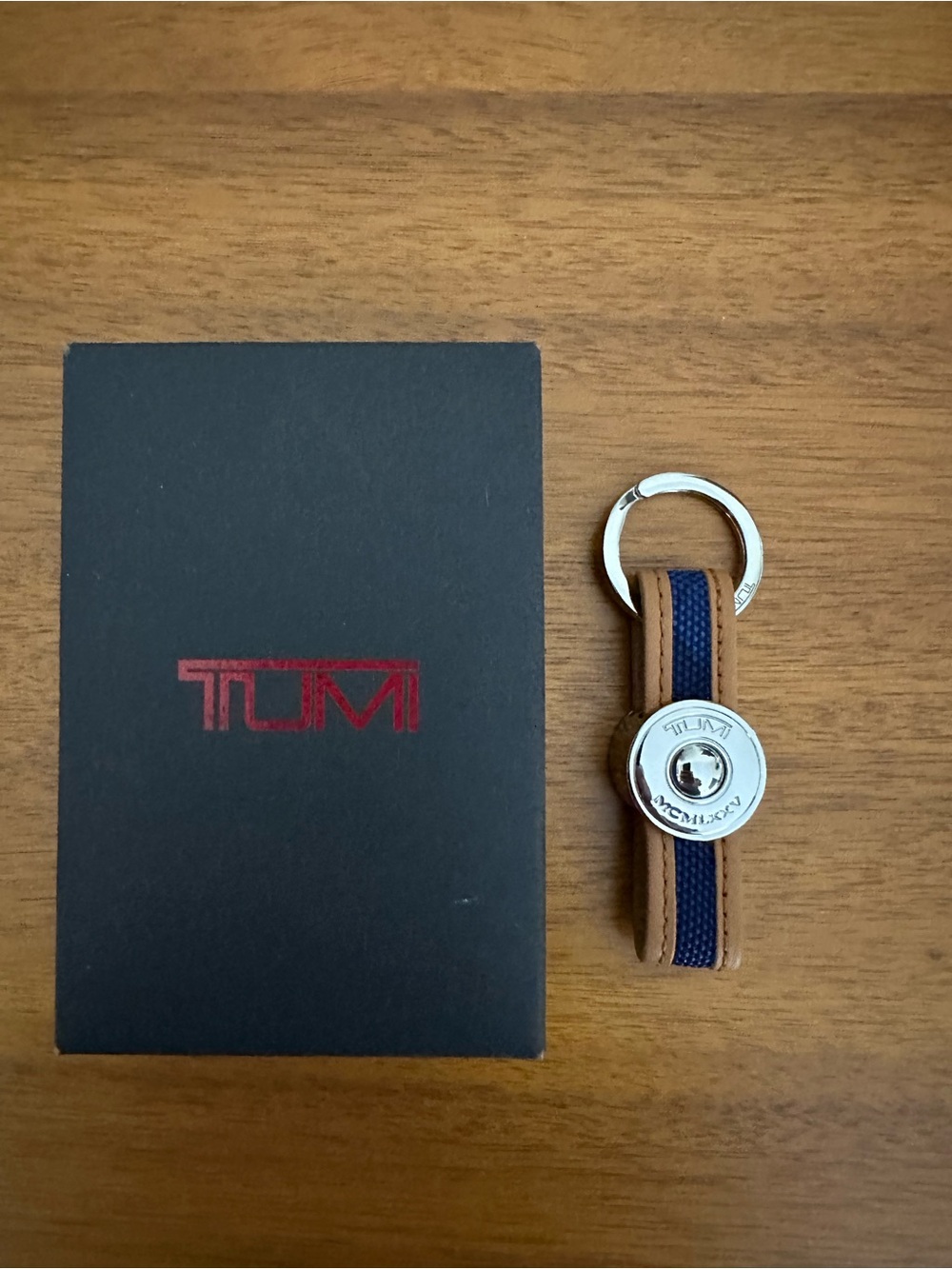 Tumi Brown Leather Key Fob with Navy Web Accent - Never Used